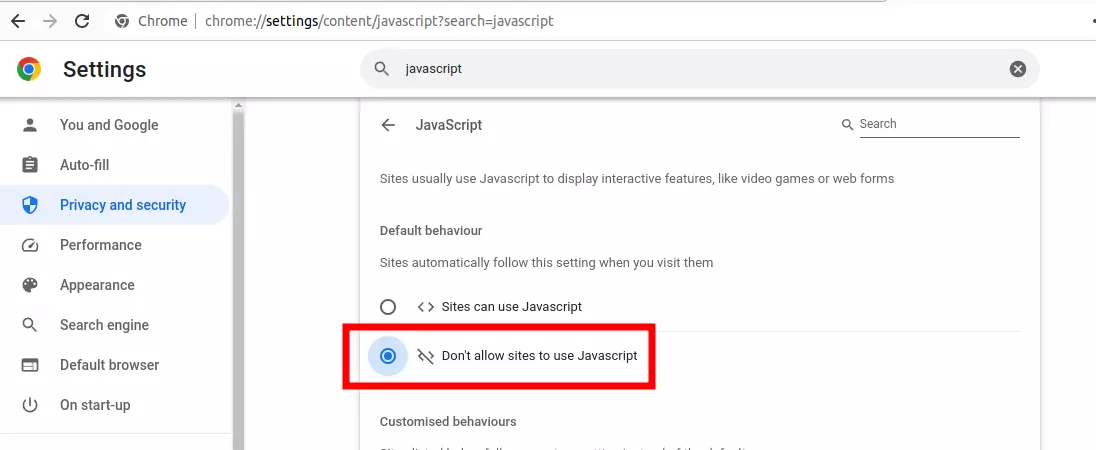 Disable JavaScript in browser