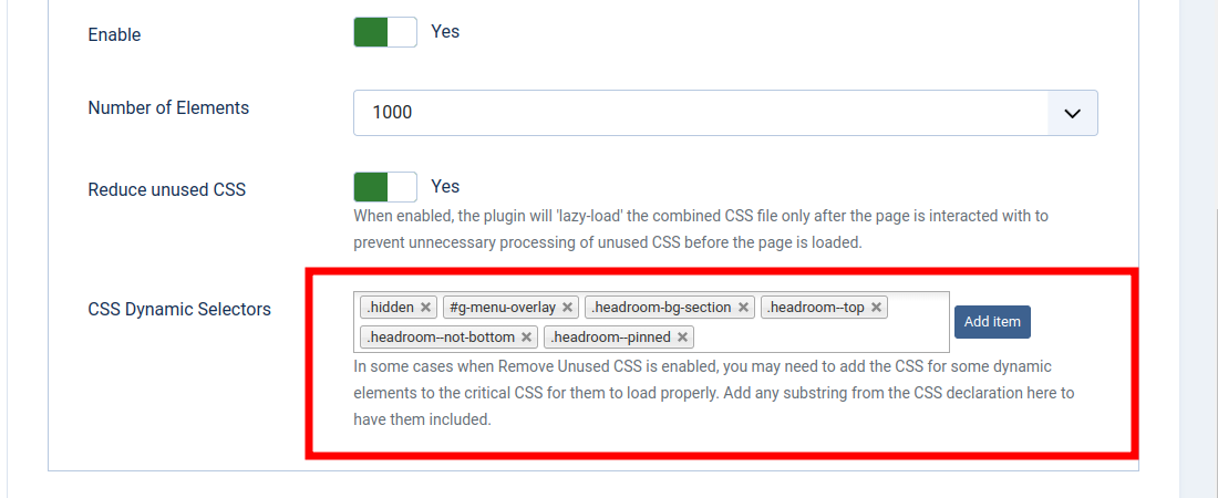 CSS selectors settings configured