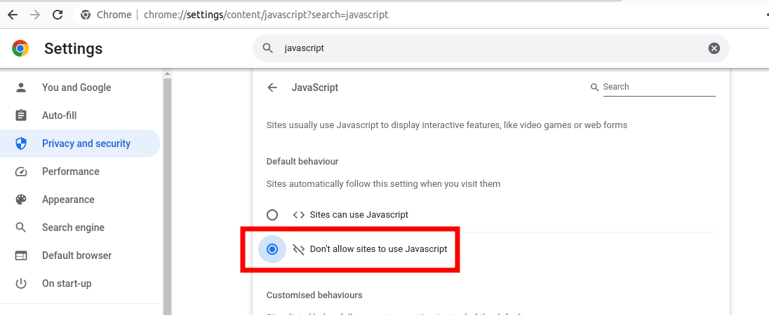 Disable JavaScript in browser